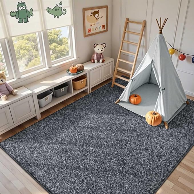 FinRèc 8x10 Washable Area Rugs for Bedroom Living Room, Low Pile Thin Rug Solid Color, Non-Slip Carpet Indoor for Home Decor (Grey)