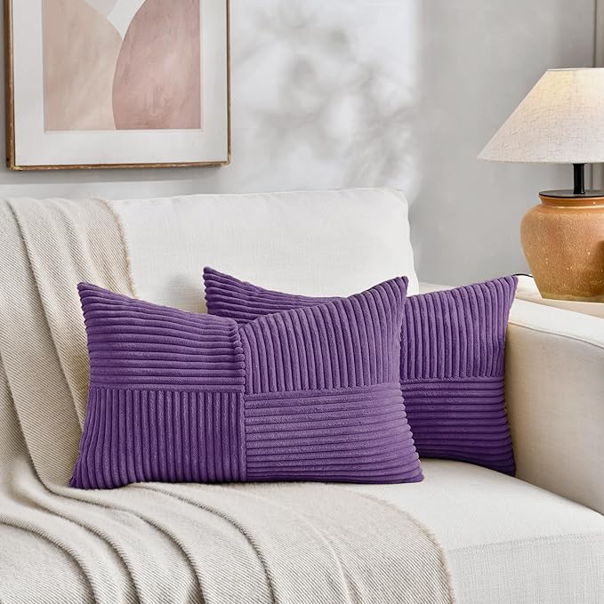 Fancy Homi Set of 2, Purple Patchwork Corduroy Decorative Soft Striped Modern Accent Cushion Case Farmhouse Boho Neutral Throw Pillow Covers for Chair Couch Bed Sofa Living Room 32x16 Inch