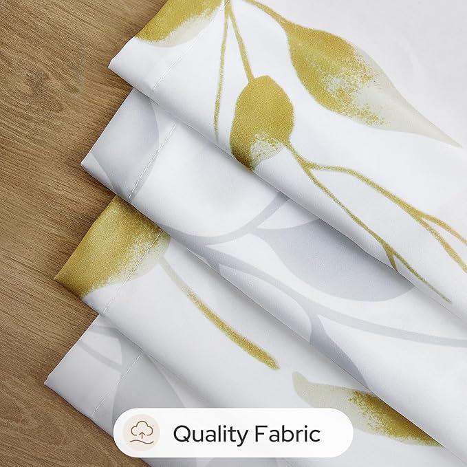 HOMEIDEAS Non-See-Through Gold and White Privacy Sheer Curtains 52 X 63 Inch Length 2 Panels, Leaf Floral Printed Light Filtering Semi Sheer Window Curtains Drapes for Bedroom Living Room