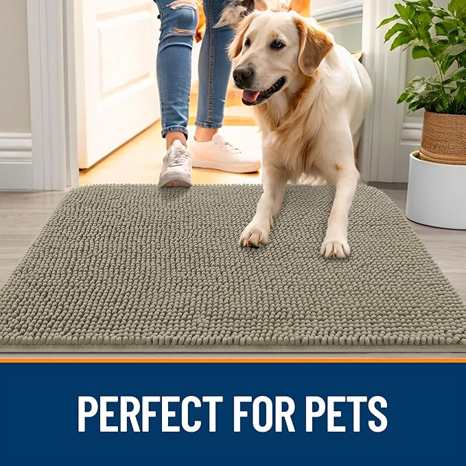 OLANLY Dog Door Mat for Muddy Paws 54x24, Absorbs Moisture and Dirt, Absorbent Non-Slip Washable Doormat, Quick Dry Chenille Mud Mat, Entry Indoor Entryway Carpet for Inside Floor, Warm Taupe