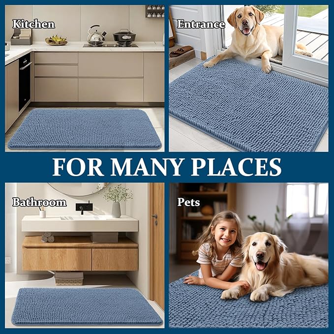 OLANLY Dog Door Mat for Muddy Paws 70x24, Absorbs Moisture and Dirt, Absorbent Non-Slip Washable Doormat, Quick Dry Chenille Mud Mat for Dogs, Entry Indoor Entryway Carpet for Inside Floor, Airy Blue