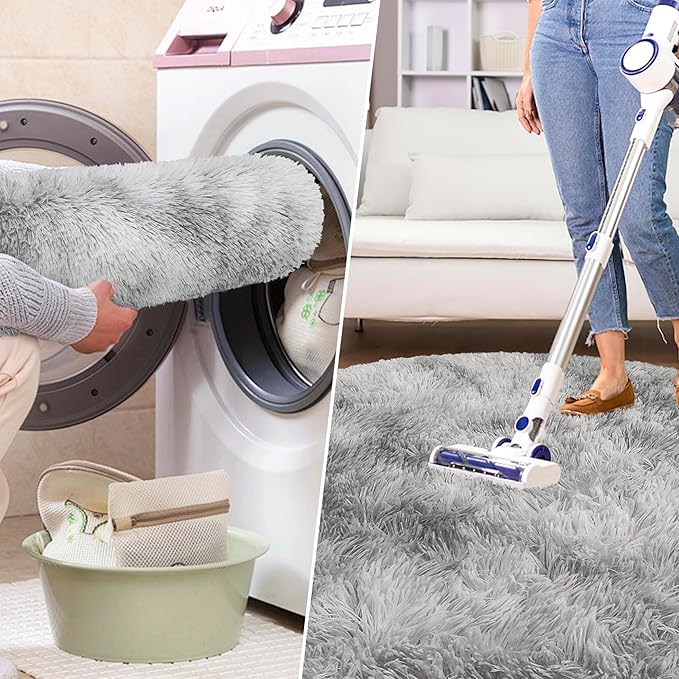 4x4 ft Tie Dye Grey Round Rug for Bedroom Room Fluffy Circle Rug Furry Carpet Shaggy Circular Fuzzy Washable Non-Slip Large Area Rug Soft Indoor for Living Room Cute Aesthetic Home Decor