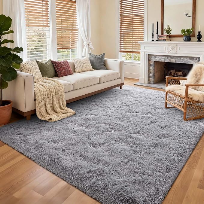 9x12 Ft Extra Large Shag Rugs for Living Room, Ultra Soft Fluffy Furry Area Rugs for Bedroom Indoor Floor, Aesthetic Carpet for Kids Home Decor (Light Grey)