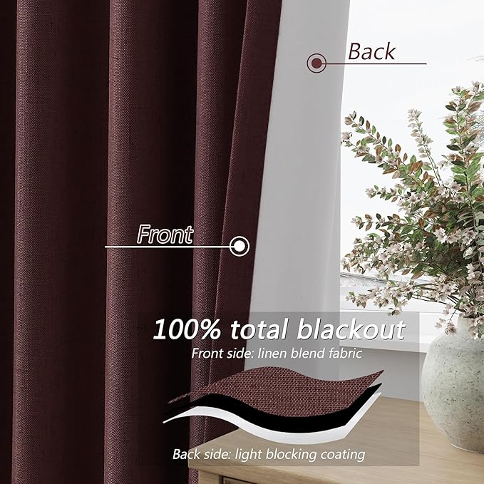 Guken 100% Blackout Curtains 90 Inch Length 2 Panels Set for Living Room Bedroom Back Tab Thermal Insulated Black Out Linen Drapes Room Darkening Reddish Brown,52x90