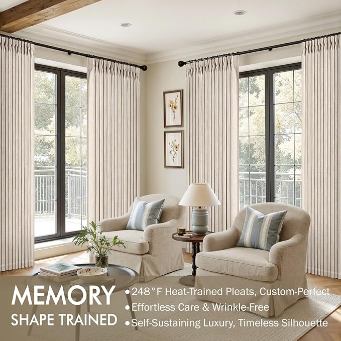 MIULEE Pinch Pleated Thick Linen Curtains 102 Inches Long 2 Panels for Living Room Bedroom, Memory Trained Pleat Drapes Back Tab Light Filtering Boho Cream Ivory Window Curtains with Hooks