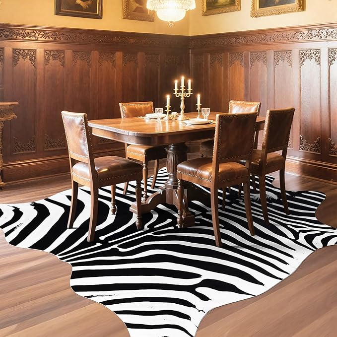 AROGAN Premium Faux Zebra Hide Rug 4.6 x 5.2 Feet, Sturdy and Large Size Bear Print Rugs, Suitable for Bedroom Living Room Western Decor, Faux Fur Animal Carpet, Black and White