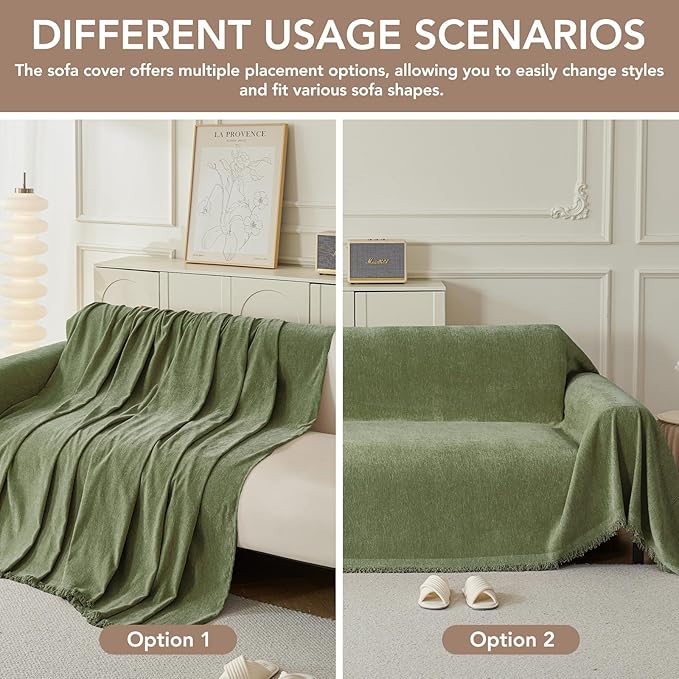 Couch Cover for Dogs, Boho Sofa Covers for 2 Cushion Couch, Chenille Sofa Slipcover for Pets Washable, L-Shape Sectional Couch Loveseat Cover Soft Throw Blankets with Tassels(71x102,Green)