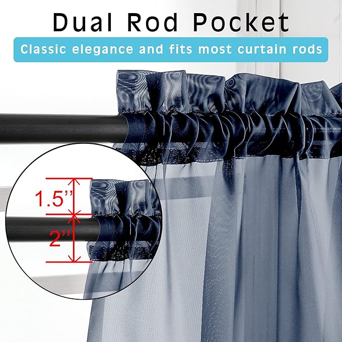 OVZME 2 Panels Sheer Navy Blue Curtains 72 Inches Length Window Treatment for Kitchen, Elegant Airy Transparent Curtain Draperies Rod Pocket for Kids Living Room, Each 42 Width 72 Length