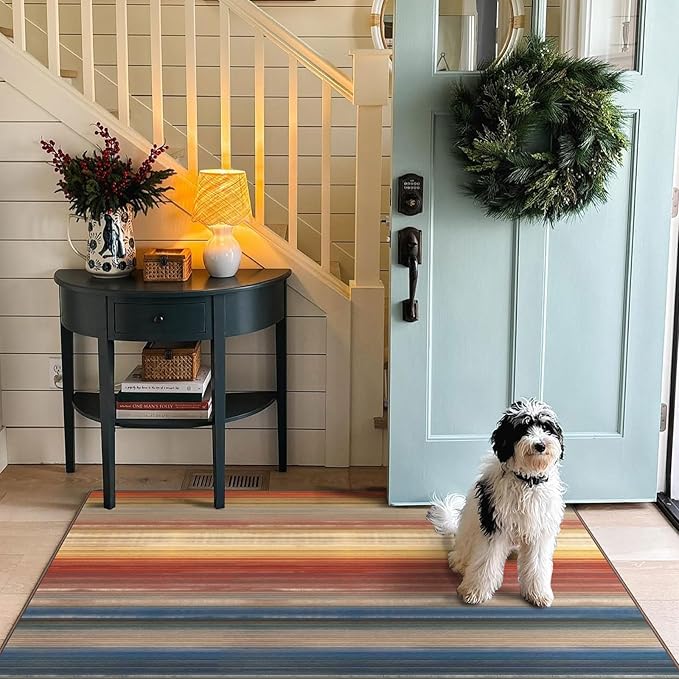 3x5 Ombre Entry Rug - Small Washable Indoor Outdoor Mats for Front Door Non-Slip Porch Rug Rust Blue Modern Rainbow Throw Rugs for Living Room Bedroom Entryway Kitchen Office Porch Decor
