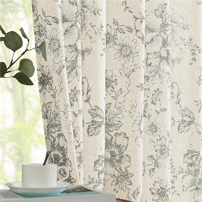 jinchan Lined Linen Blend Curtain Floral Curtains for Living Room 96 Inches Long Grey Peony Flower Printed Curtain Back Tab Farmhouse Patterned Drapes Bedroom Window Curtains Set 2 Panels