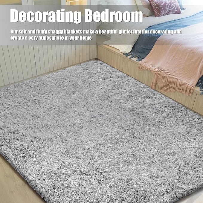 Shag Area Rug for Bedroom 4x6,Grey Fluffy Area Rugs for Living Room,Soft Fuzzy Rug Non-Shedding Indoor Plush Carpet for Kids Bedroom Nursery Dorm Home Decor