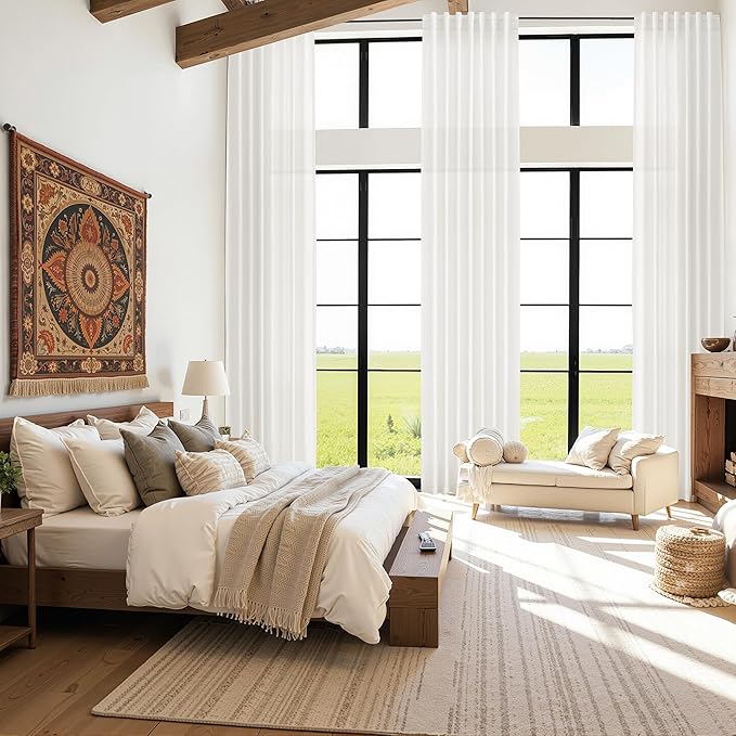 Extra Long Beige White Linen Curtains 126 Inch for Living Room 2 Panels Set Rod Pocket Back Tab Light Filtering Semi Sheer Soft Linen Window Curtain Privacy High Ceiling Drapes for Farmhouse 52x126