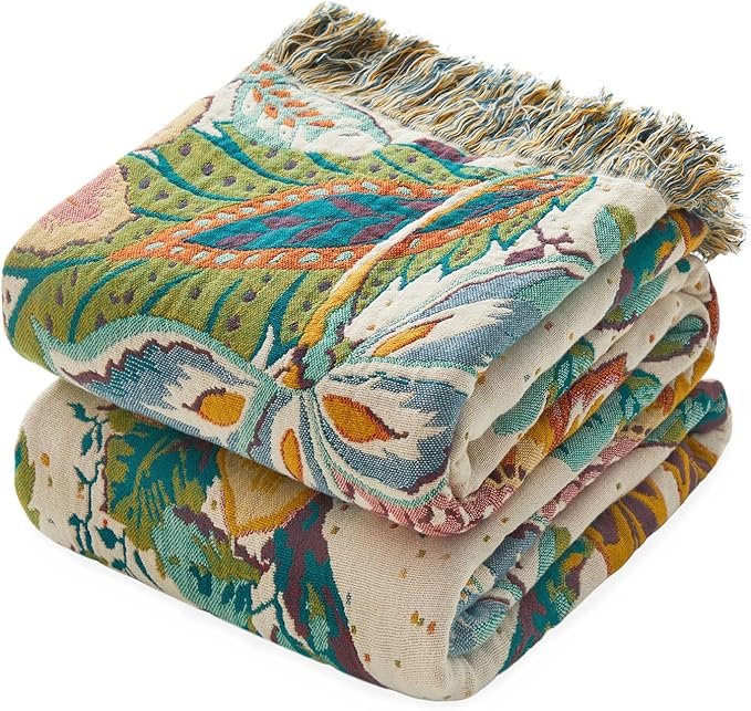 MSGKV Boho Throw Blanket for Couch 100% Cotton Floral Blanket 50"x60" Sofa Bed Chair Blanket All Seasons Farmhouse Muslin Spring Breathable Lightweight Blankets Home Decor