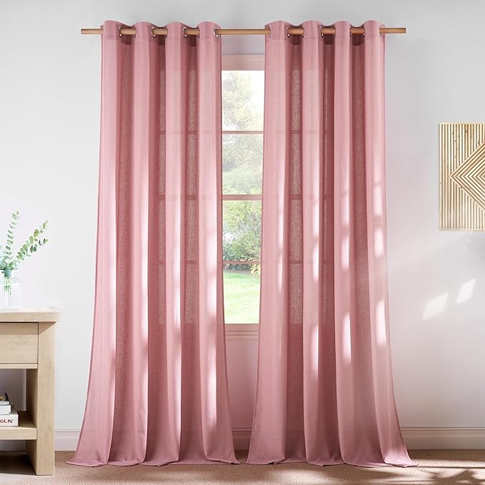 NICETOWN Linen Pink Curtains for Girls Room, Grommet Thick Flax Semi Sheer Window Treatments Privacy Assured with Light Filtering for Bedroom/Kids Room, 2 Panels, W55 x L84
