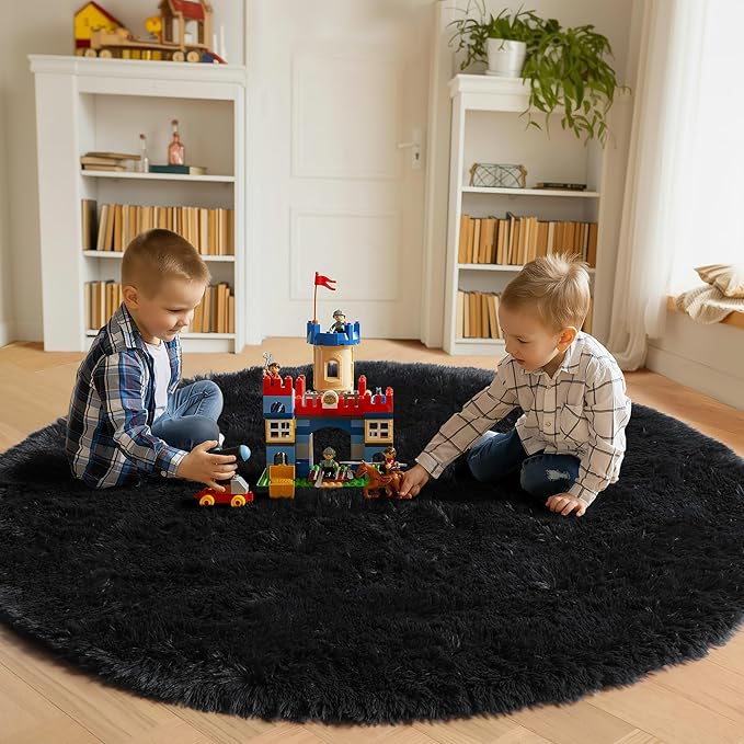 ONASAR Black Round Area Rugs 6ft, Ultra Soft Bedroom Circle Rug for Kids Girls Boys Teen Room, Fluffy Plush Shaggy Carpet Floor Mats for Baby Nursery Living Room Playroom Dorm Home Decor