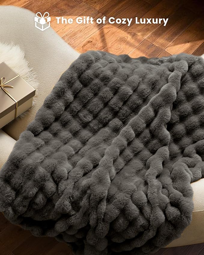 Ultra Soft Cozy Faux Fur Throw Blanket, Fuzzy Plush Thick Bubble Blanket, Oversize Luxury Fluffy Blanket for Couch, Bed, and Living Room, 60x80 Inches, Dark Grey Taupe