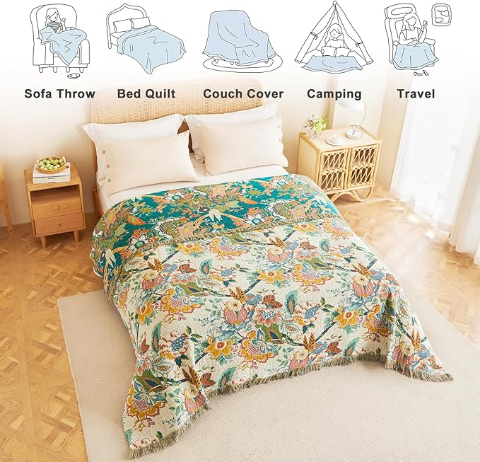 MSGKV Boho Throw Blanket for Couch 50"x60" 100% Cotton Vine Embroidery Blanket Bed Chair Sofa Blankets Muslin Spring Breathable All Seasons Lightweight Farmhouse Blankets Home Decor