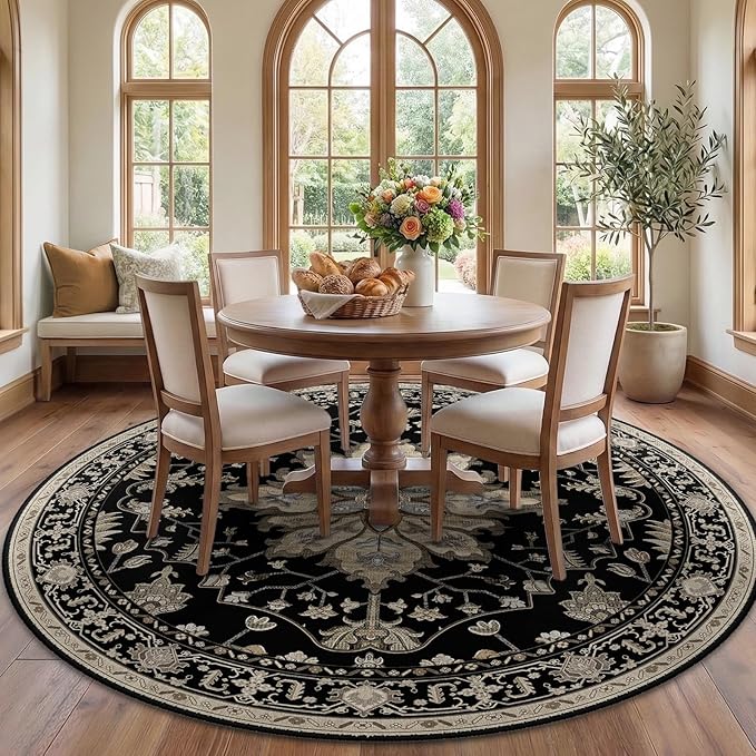 Area Rugs 7ft Washable Non-Slip, Floral Vintage Distress Print Pattern Medallion Carpet for Living Room Bedroom Dining Room, Black Brown Neutral Dark Tan