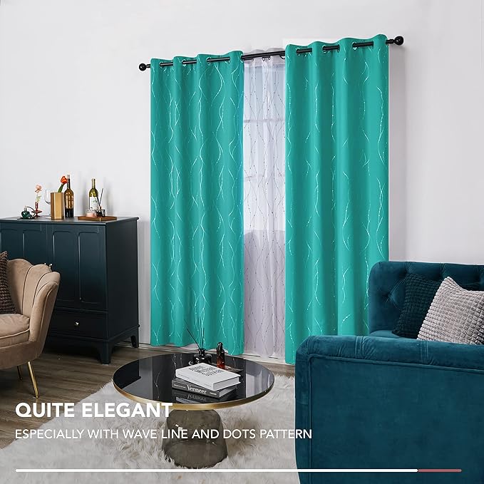Deconovo Blackout Curtains for Living Room, Thermal Insulated Soundproof Drapes with Wave Dot Foil Print, 52 x 95 Inch, Set of 2, Machine Washable Window Curtain for Bedroom Sliding Door, Turquoise