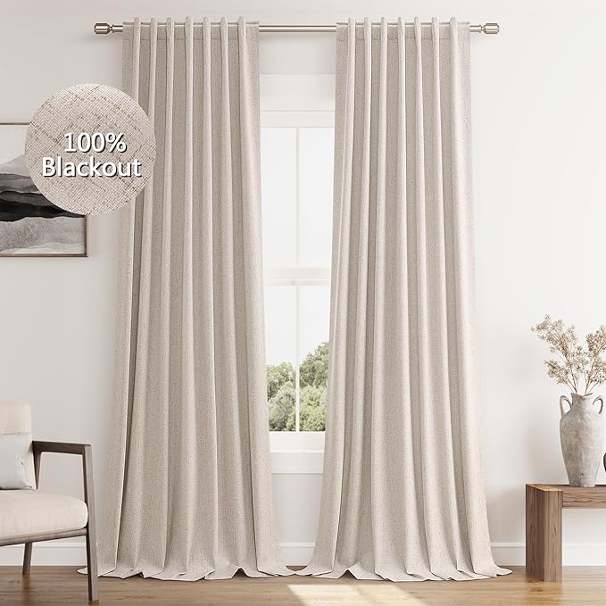 Guken Oatmeal 100% Blackout Curtains 84 Inch Length 2 Panels Set for Living Room Bedroom Back Tab Thermal Insulated Black Out Linen Drapes Room Darkening Window Curtains 84 Inches Long