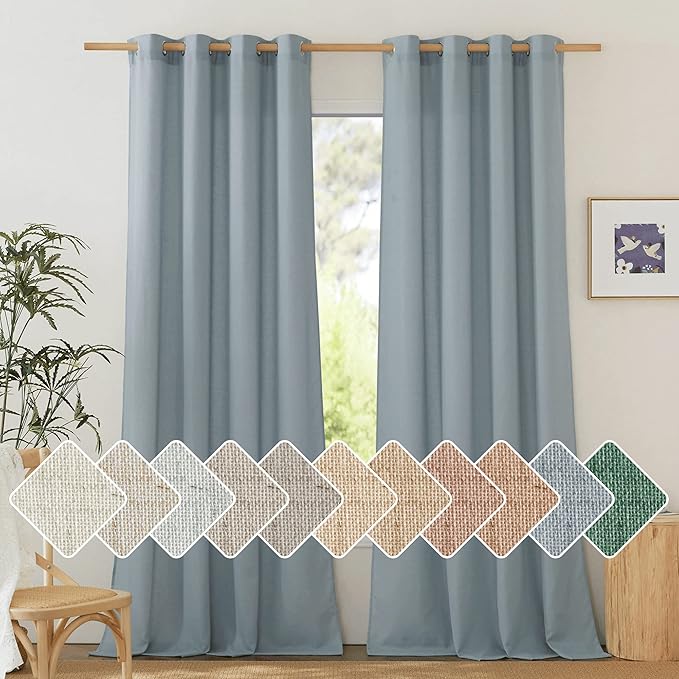 NICETOWN Thick Linen Stone Blue Curtains 108 inch Long for Living Room, Grommet Semi Sheer Linen Blend Curtains & Drapes Privacy Added with Light Filtering for Bedroom, W55 x L108, 2 Panels