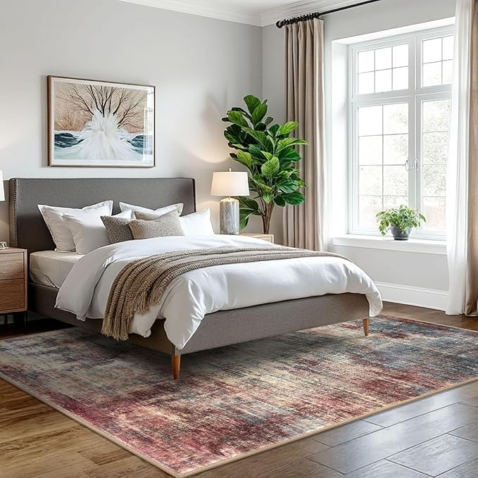 IOHOUZE Abstract Area Rugs 5x7 Ft Washable Rugs for Living Room, Non Slip Dining Room Rug, Printed Faux Wool Rugs for Bedroom, Floor Carpet for Kitchen Nursery Playroom, Red/Multi