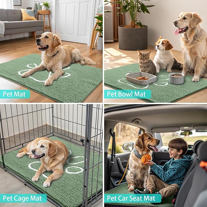 Smiry Dog Door Mat for Muddy Paws, Absorbent Dirt Trapper Non Slip Quick Dry Washable Chenille Mat for Mud Dogs, Entry Rug for Indoor and Outdoor (24x16 Inches, Olive Green and White)
