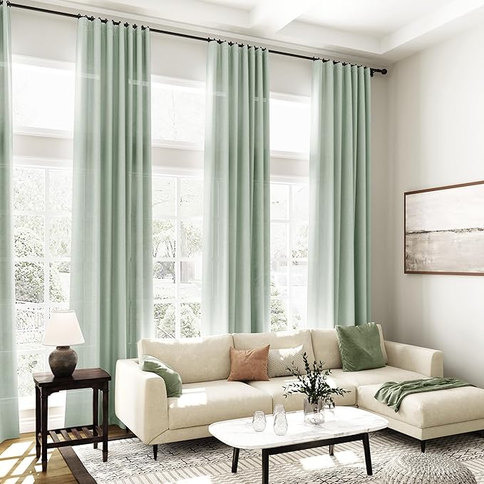 Aqua Green Linen Curtains 90 Inch Long 2 Panels Set for Bedroom Living Room Linen Textured Window Drapes Semi Sheer Light Filtering Rod Pocket Back Tab Cotton Textured Farmhouse Curtain 52x90