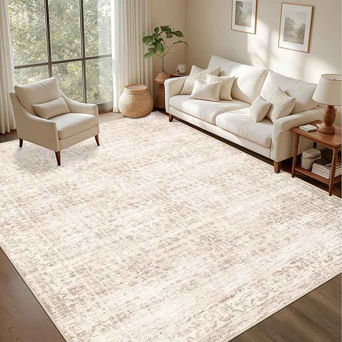 Area Rugs 10x12 Living Room Rug: Washable Rug Soft Vintage Boho Carpet Indoor Floor Non-Slip Stain Resistant Large Carpets for Bedroom Dining Room Farmhouse Nursery Home Office Beige