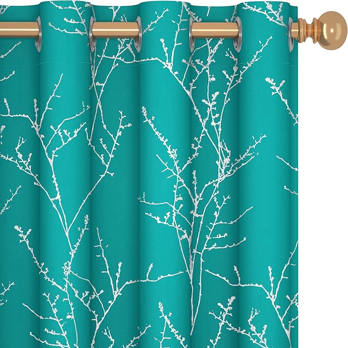 Deconovo Blackout Curtains, Thermal Insulated Soundproof Drapes with Tree Foil Print, 52 x 108 Inch, Set of 2, Machine Washable Window Curtain for Bedroom Living Room Nursery Kitchen Office, Turquoise