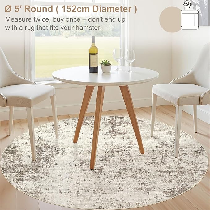 UERMEI 5ft Round Area Rug Living Room Rugs - 5x5 Washable Neutral Modern Abstract Soft Thin Rug Indoor Floor No Slip Rug Carpet for Bedroom Under Dining Table Home Office Decor - Dark Brown