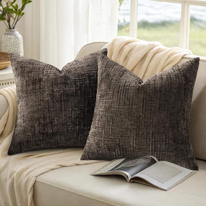 decorUhome Dark Brown Chenille Euro Sham Throw Pillow Covers 24x24 Set of 2 Textured Soft Cozy Slubby Couch Pillow Covers Modern Farmhouse Boho Decorative Pillow Cases for Bed Sofa Living Room