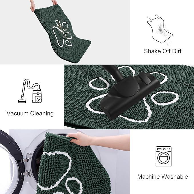 Smiry Dog Door Mat for Muddy Paws, Absorbent Dirt Trapper Non Slip Quick Dry Washable Chenille Mat for Mud Dogs, Entry Rug for Indoor and Outdoor (47x32 Inches, Green and White)