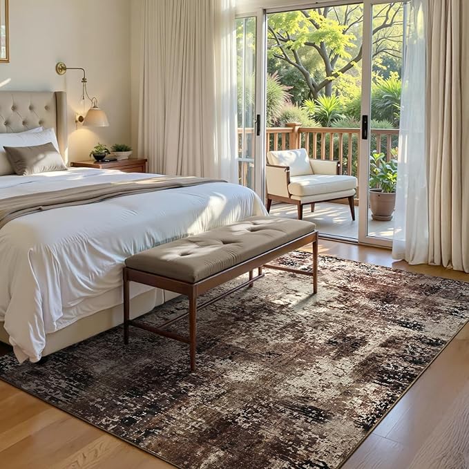 Area Rug 4x6 Brown Rug Washable Boho Rugs Non Slip Low Pile Abstract Coffee Small Carpet for Entryway, Bedroom, Kitchen, Classroom, Kids Room, Office, Dorm, Dining Room