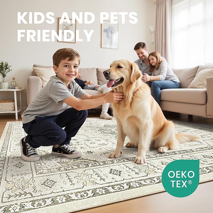 zesthome 5x7 Area Rugs, Machine Washable Rugs for Living Room, Bedroom,Stain Resistant Vintage Large Area Rug,Non-Slip Medallion Pattern Home Decor Rugs (Beige,5'x7')