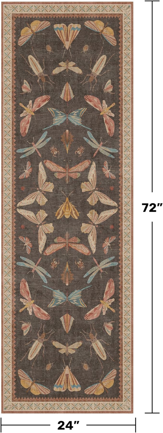 Brown 2x6 Indoor Rugs for Entryway - Washable Non Slip Runner for Kitchen Floor, Vintage Carpet Runners for Hallway 6ft, Insect Boho Design, Butterfly Moth Print Home Décor