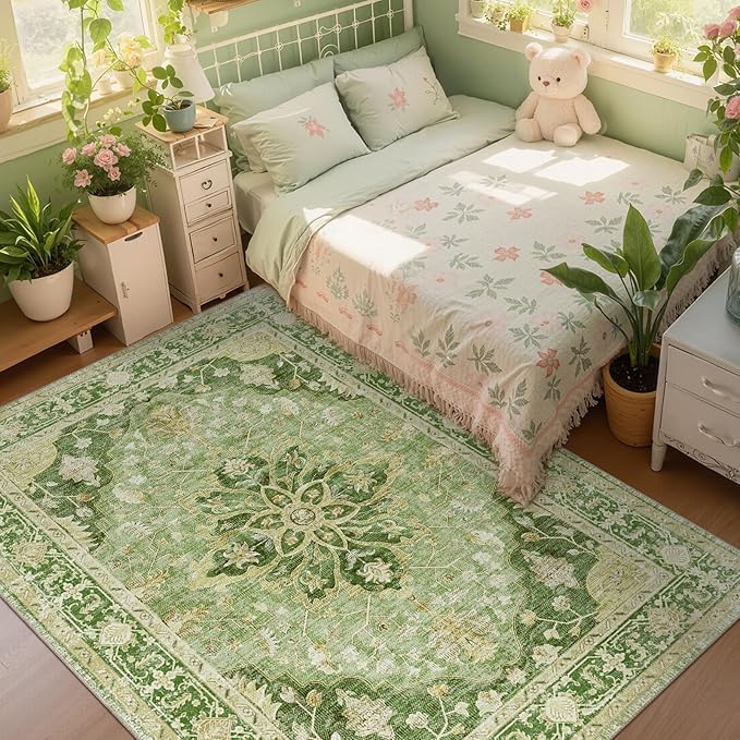 RELEANY Area Rugs 6'x9' Washable Non-Slip, Floral Vintage Distress Print Pattern Medallion Carpet for Living Room Bedroom Dining Room, Sage Green Yellow