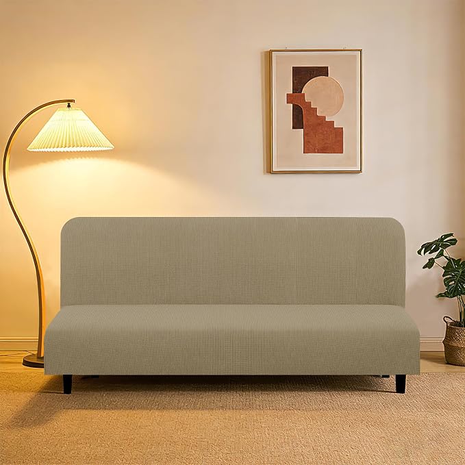 U-NICE HOME Stretch Futon Cover Armless Bed Slipcover - Soft Jacquard Fabric Washable for Pet Friendly, Sand