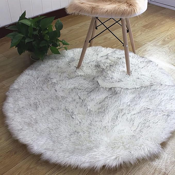 Goolela Round Sheepskin Rugs 4ft Circle Fluffy Faux Fur Rug Shaggy Rug for Bedroom Dorm Living Room Plush Shag - White with Grey Tips