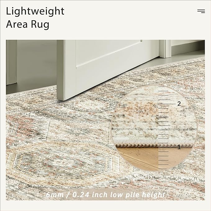 10x14 Area Rugs for Living Room, Non Slip Machine Washable Vintage Rugs, Low Pile Lightweight Large Rug for Bedroom, Dining Room, Home Office Brown Pink
