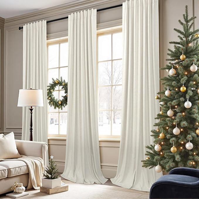 Custom Made Curtains 86 Inches Long for Bedroom 2 Panels Set Unique Faux Linen Blackout Curtain for 84-88 Inch Tall Window Black Out Drapes Living Room Modern Farmhouse Back Tab Rod Pocket Cream Ivory