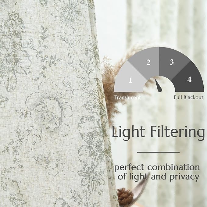 jinchan Linen Floral Curtains 100 Inch Extra Wide for Patio Sliding Glass Door Room Divider Curtain for Living Room 108 Inch Length Farmhouse Peony Green Printed Curtain Set 1 Panel