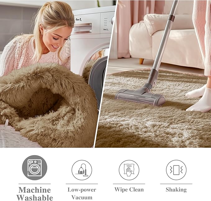 OLANLY Taupe Round Rugs for Bedroom - Machine Washable, 4 ft Circle Area Rugs for Living Room, Soft and Fluffy Shaggy Carpet for Teen Girl and Boys, Nursery Rooms, Dorms, Home Decor Aesthetic