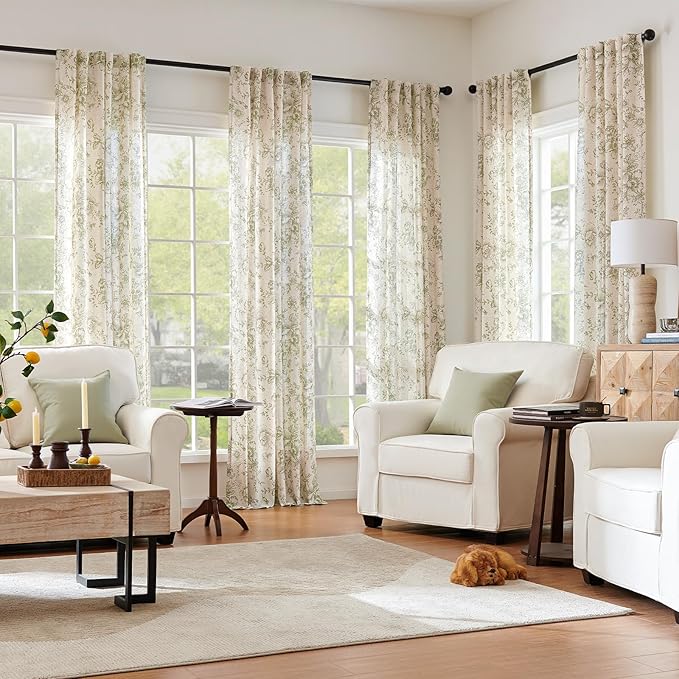 jinchan Linen Blend Floral Curtains for Living Room 84 Inch Length Sage Green Printed Curtain Rod Pocket Back Tab Farmhouse Peony Flower Patterned Drapes Bedroom Curtains Set 2 Panels