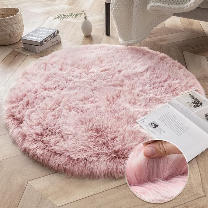 Ashler HOME DECO Soft Fox Faux Fur Chair Couch Cover Area Rug for Bedroom Floor Sofa Living Room Pink White 3 x 3 Feet Round