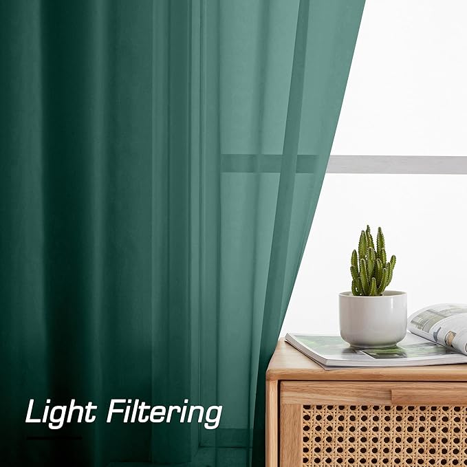 Simplebrand Hunter Green Sheer Curtains 96 Inches Long 2 Panels, Light Filtering Rod Pocket Solid Color Window Sheer Curtain Panels, Elegant Curtains & Drapes for Living Room, Bedroom, 42" W x 96" L
