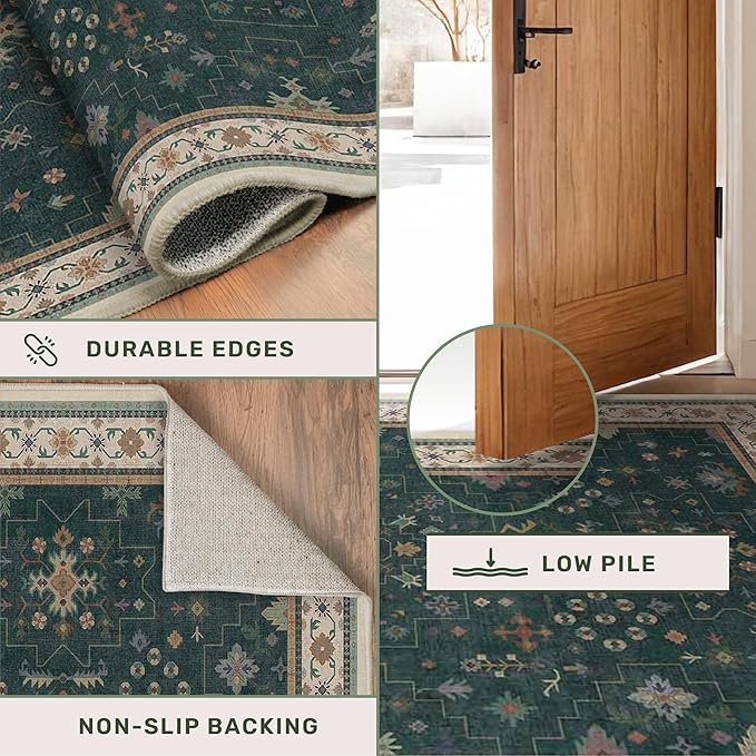 Hazo Haus Vintage 2x7 Washable Runner Rug Non Slip for Kitchen, Bathroom, Hallway - Low Pile Stain Resistant 7ft Long Runner Rugs - Victorian Eclectic Floral Pastel Home Decor (2x7 Dark Green)