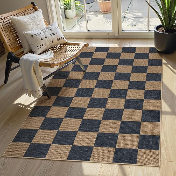 Lahome Colette Checkered Easy Jute Indoor Outdoor Carpet, 3x5 Washable Rugs for Entryway Living Room Farmhouse Area Rug, Non Slip Blue Checkerboard Indoor Door Mat for Entry Patio Deck
