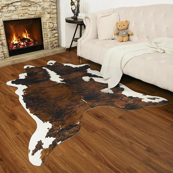 AROGAN Western Decor Faux Fur Cowhide Rug, 5.2x6.3 Feet Premium Animal Skin Cow Hide Rug, Sturdy Cow Print Rugs for Wall Decor, Western Floor Carpet for Bedroom Living Room, Black and Brown