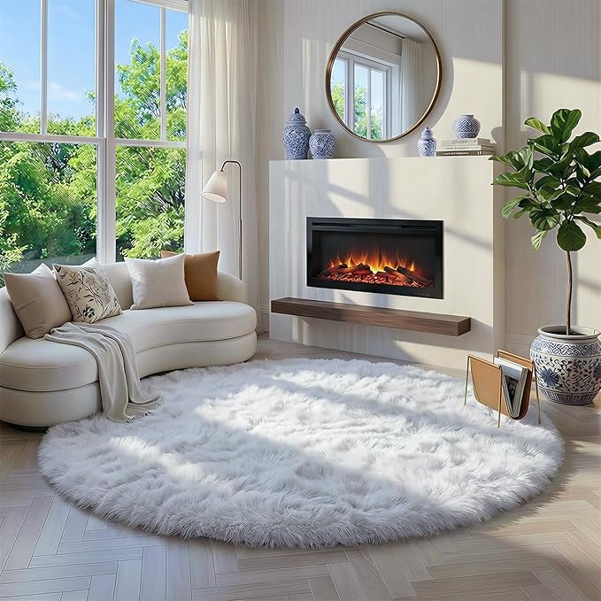 Amdrebio White Fluffy Round Rug 4Ft for Bedroom Aesthetic, Fuzzy Fur Circle Area Rugs for Living Room, Soft Plush Shaggy Shag Carpet for Nursery Dorm, Cute Kids Room Decor for Baby Toddler Teen Girls